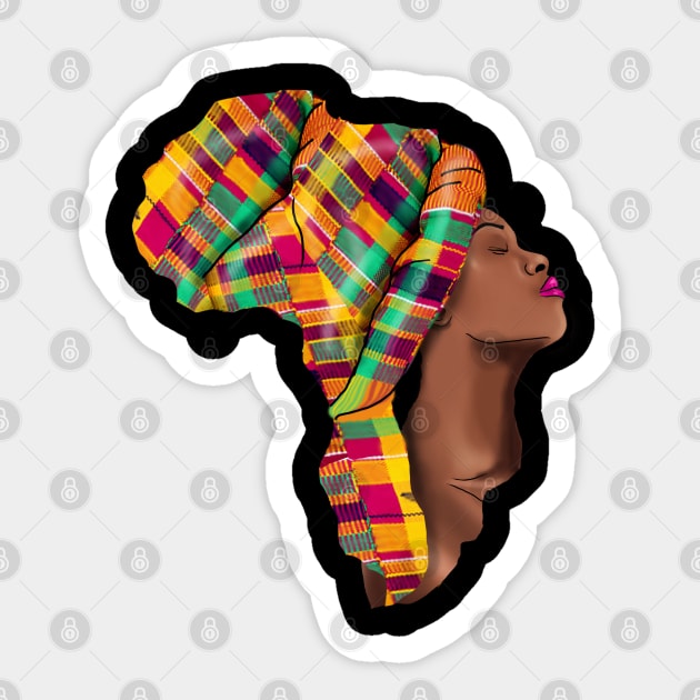 Melanin African Heritage Woman Kente Pattern Shape Of Map Of Africa Sticker by Merchweaver